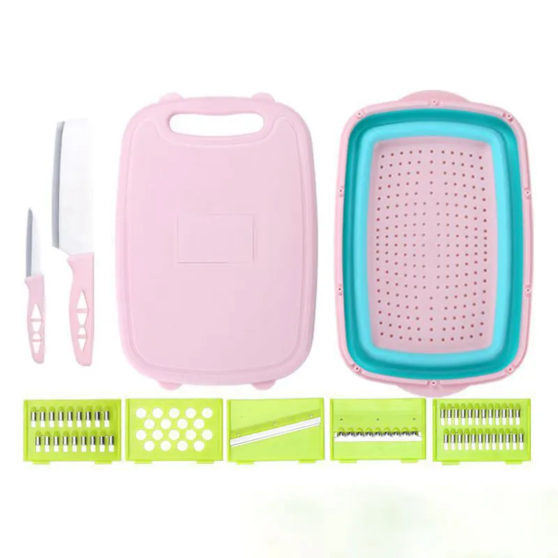 

multifunction 9 in 1 folding foldable collapsible chopping cutting board and Storage Basket Sefor Kitchen camping Picnic and BBQ, Pink green