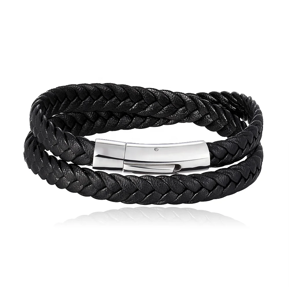 

China Factory Cheap Male Female Genuine Leather Weaving Wrist Bracelet Magnetic, Black