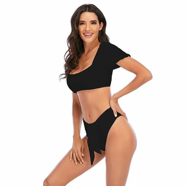 

2021 New Puff Sleeve Bikini Square Neck Swimsuit High Waist Strap Bikini Swimsuit, Picture color