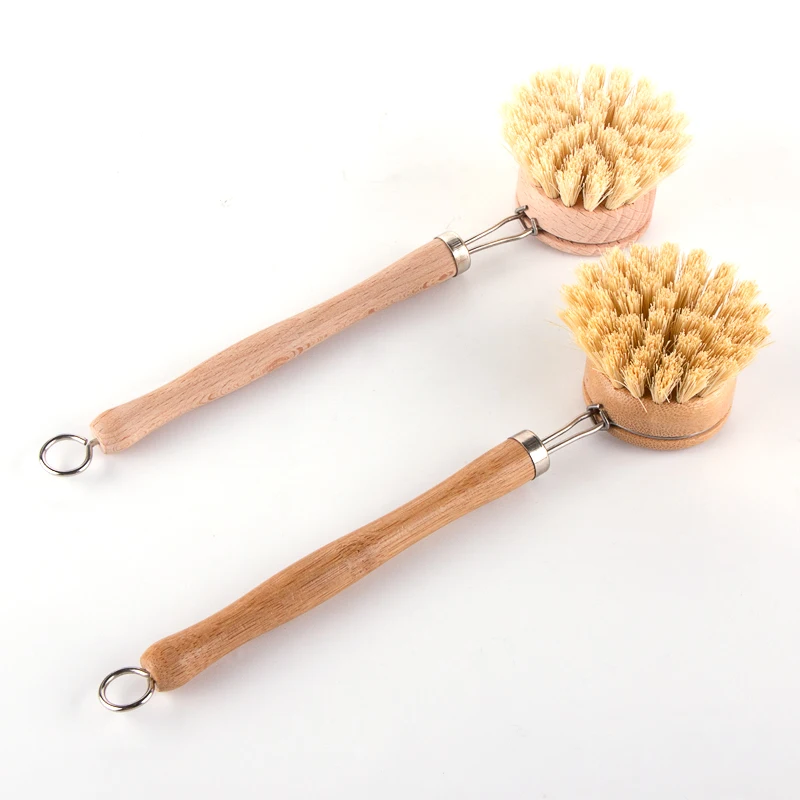 

Private Label Biodegradable Round Head Long Handle Pan Dish Stove Sink Cleaning Scrub Kitchen Bamboo Wood Sisal Bristle Brush, Natural color