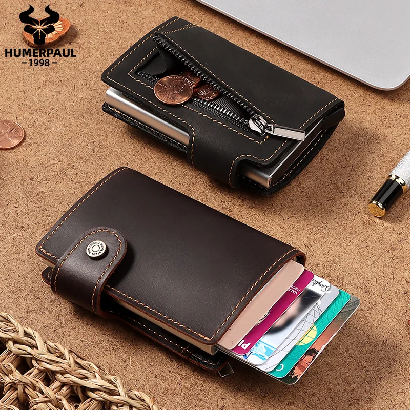 

HUMERPAUL Leather RFID Blocking Pop Up card holder Aluminum Card Case Business ID anti-theft wallet card holder, Black/coffee/customized