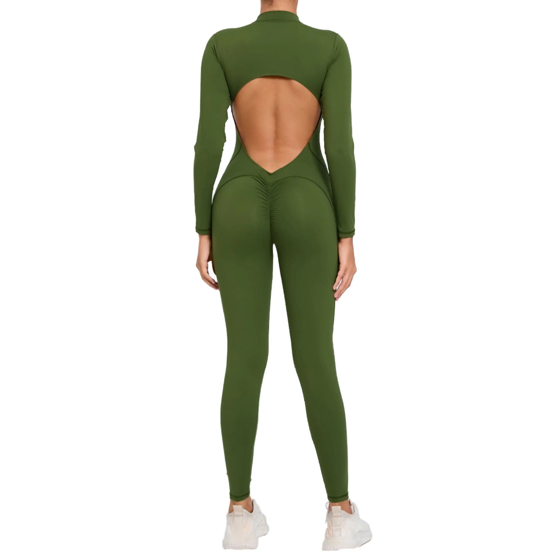 Front Zipper Scrunch Butt Yoga Bodysuit One-piece Backless Yoga Jumpsuit Long Sleeve Gym Bodysuit for Women