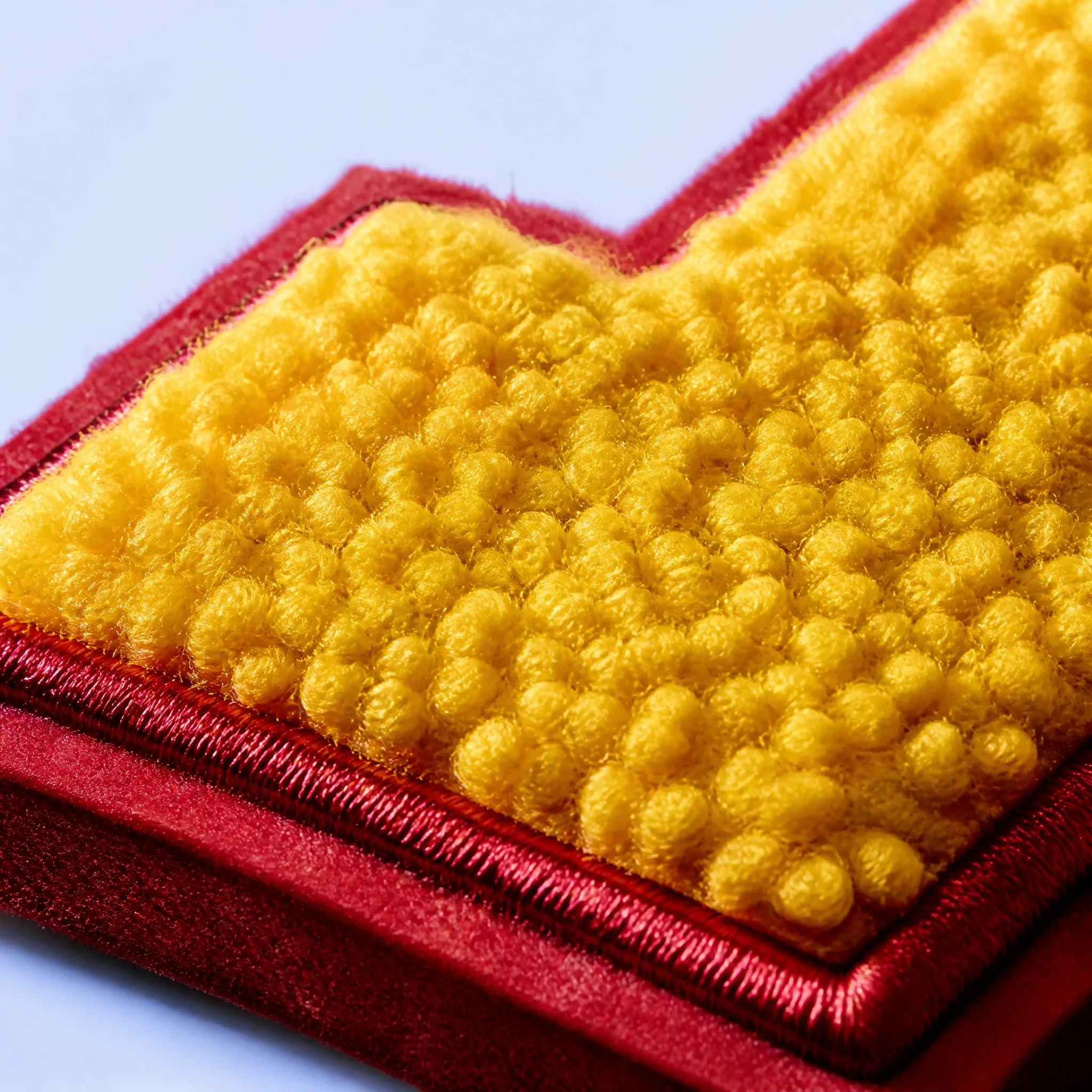 4K Extreme Macro Close-up of Ultra-Dense Curly Yellow Chenille Moss Stitch Loops with High-Sheen Red Satin Border Stitching