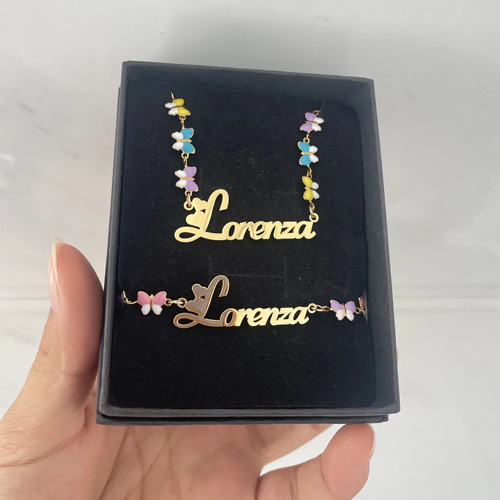 Qiuhan  OEM Colorful Enamel Butterfly Charms Custom Name Eye Petal Heart Necklace Bracelet Jewelry Set