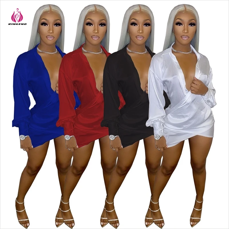 

KG14317 New Arrival Sexy Female Clothing Long Sleeve Deep V Neck Solid Color Nightclub Wear Women Mini Dress, Picture color