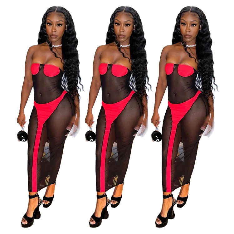 

Nightclub Plus Size Bodycon Dress Charm Sexy See Through Patchwork Elegant Mesh Dress Summer Clothing Set 2021, Picture color