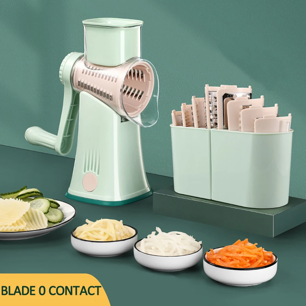 

Multifunctional kitchen rotary nut & cheese grater vegetable shredder fruits slicer with 5 drums kitchen chopper, Green