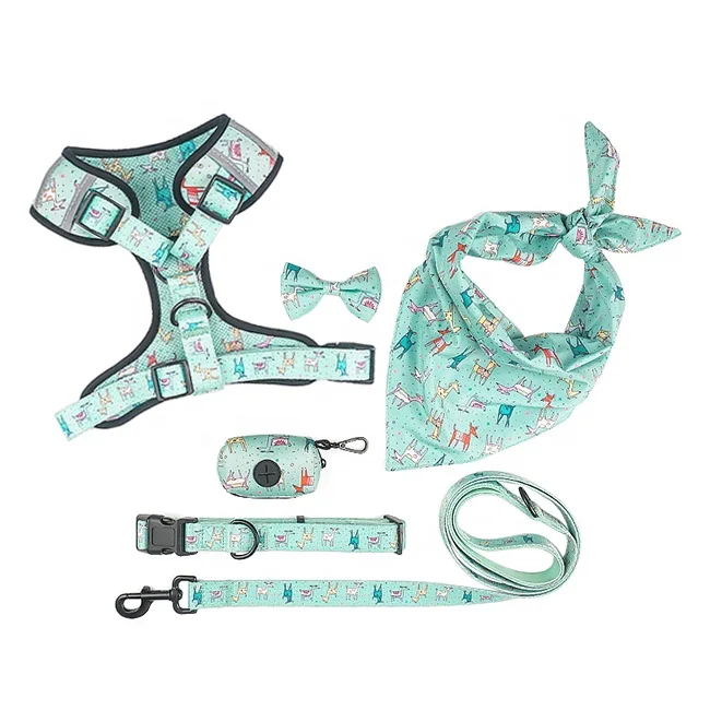 

Custom Logo Dog Harness Set 6 In 1 Soft Breathable Adjustable Reflective Sublimation Designers Dog Collar Harness Leash Set, Green, pink, blue, yellow