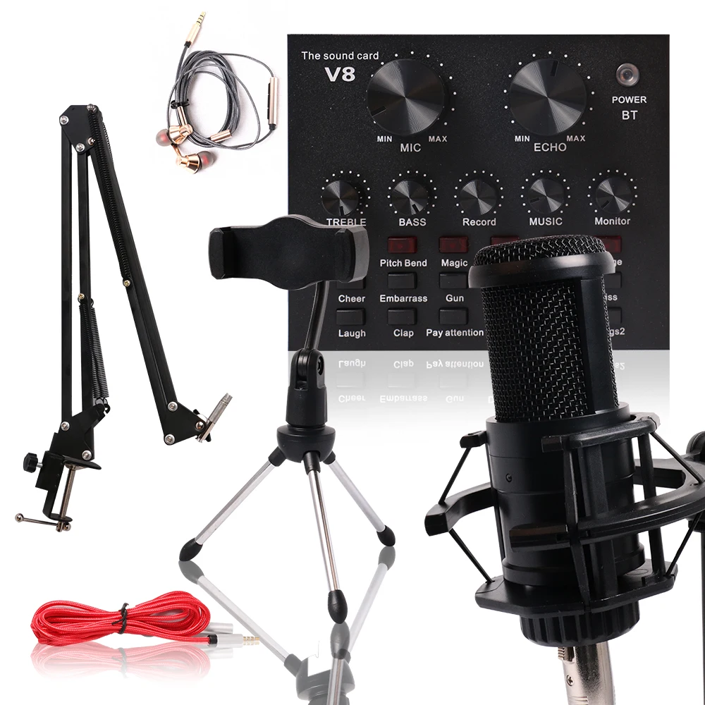 

v8 live stream sound card mic set 2 channel micro usb mixer sound card studio recording for youtube singing, Black