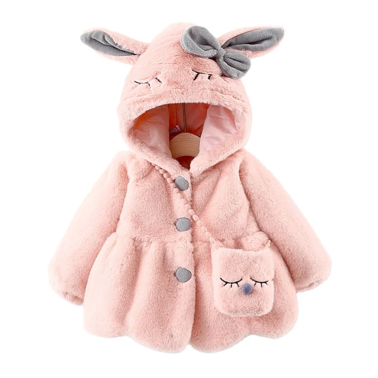 

2021 Winter New Style Baby Girl Cartoon Jacket Hooded Coat For Children Toddler Fur Coat with Free Bunny Bag, Pic