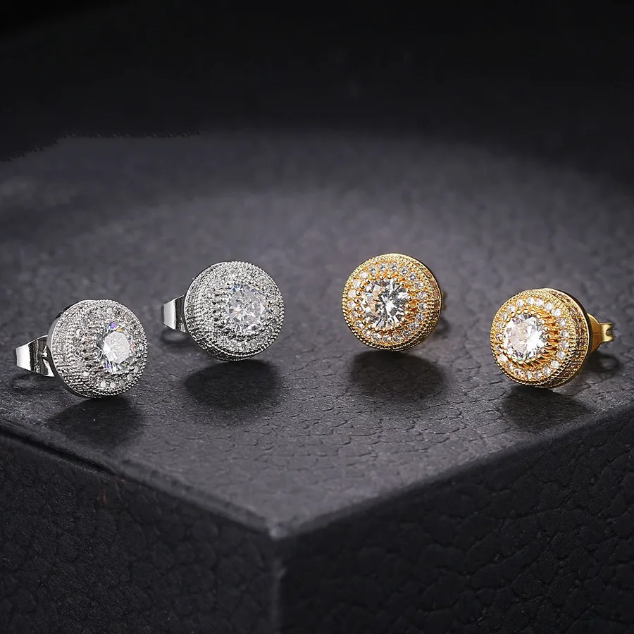 

Hiphop Luxury Square Round Gold Filled Earring Copper Micro-Inlaid Zircon Diamond Men Stud Earrings