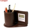 New Design Multifunctional Unique PU leather pen holder with LCD clock