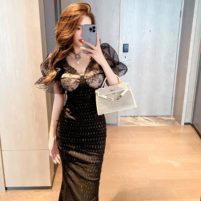 

ZYHT 20348 Summer 2023 Women Clothing V Neck Puff Short Sleeve Sequin Long Lace Stretch Dress Women