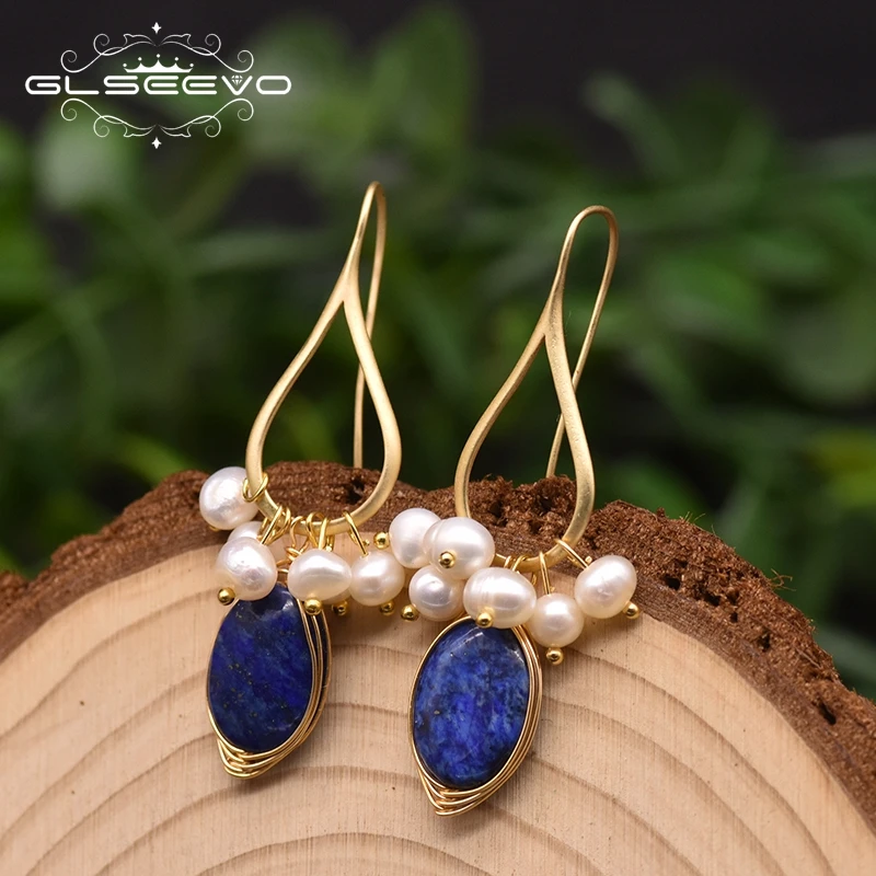 

Natural Lapis Lazuli Pearl Temperament Drop Earrings For Women Girls Party Gift Original Design Luxury earrings bulk, Photo