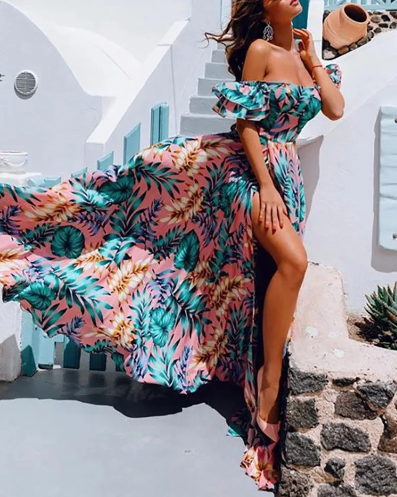 

Women Off Shoulder Colorful Print Ruched Beach Style Long Dress Slash Neck Ruffles High Slit Maxi Dress Fashion Chic Dress OEM