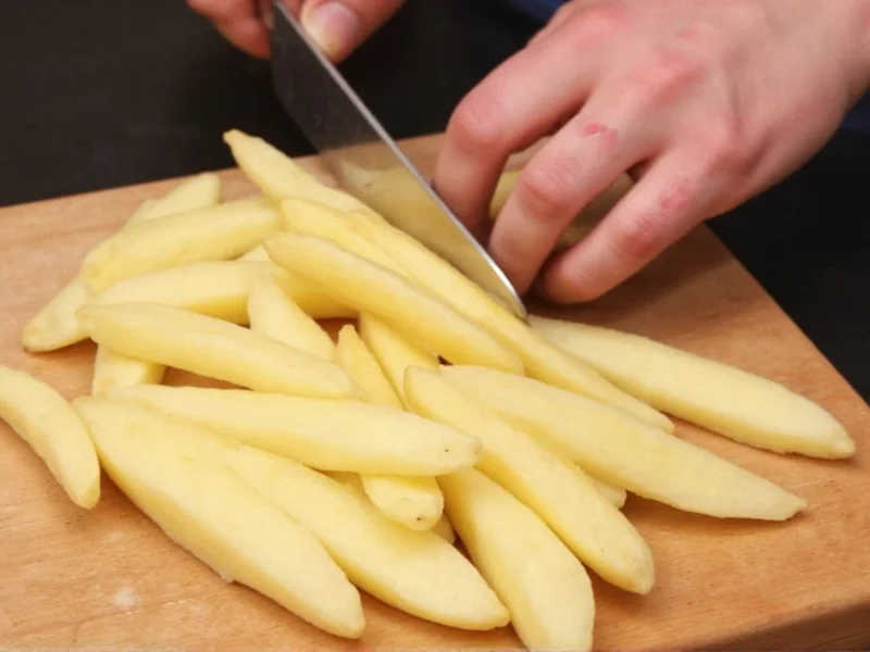 Hand slicing potatoes into uniform sticks for homemade fries
