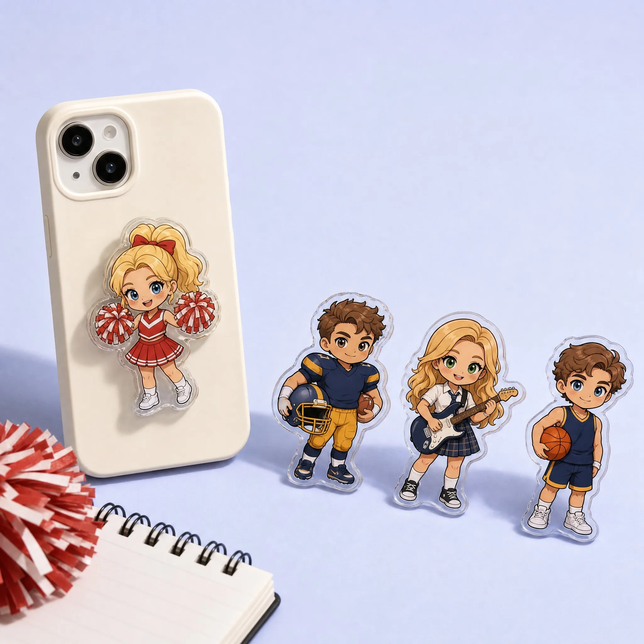 Cheerleader Girl Acrylic Grip Attached to Phone Case with Football Player, Rock Guitarist, and Basketball Player
