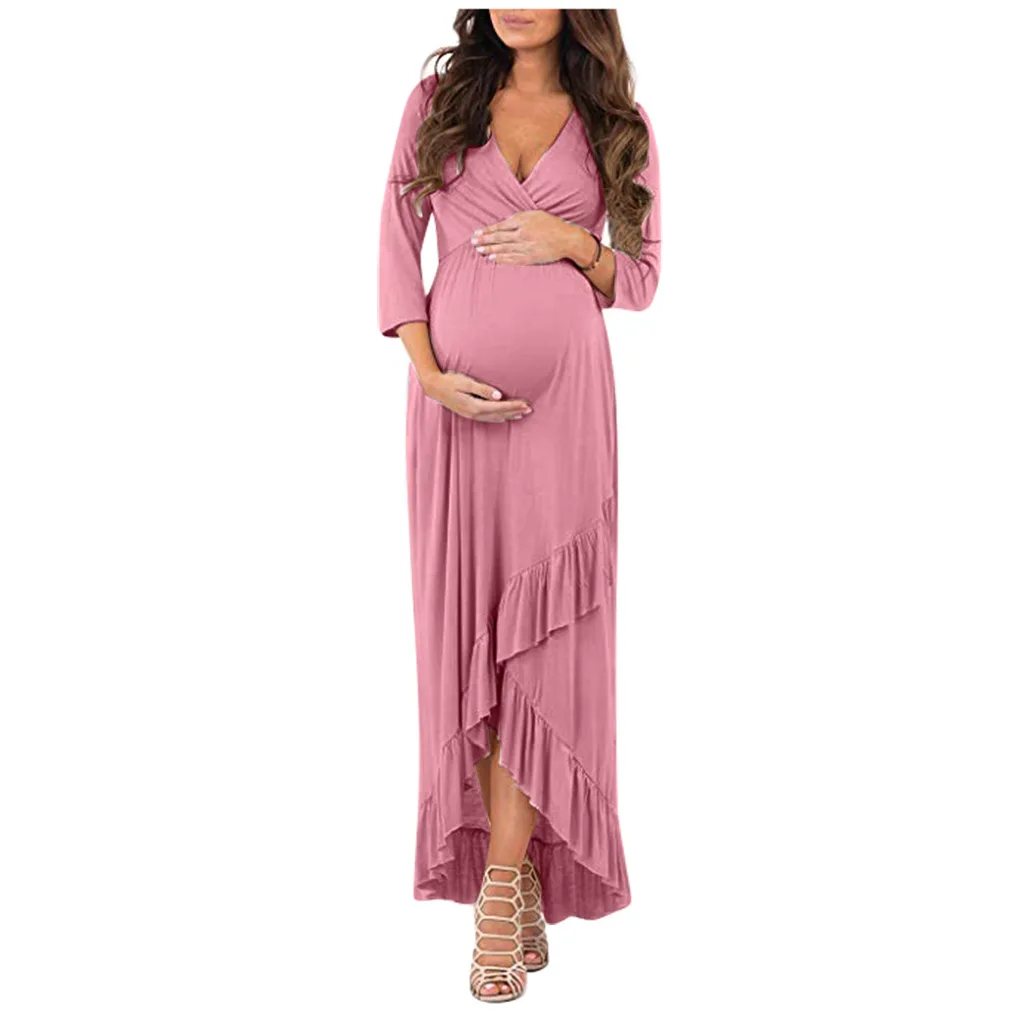 

Solid color summer v neck short sleeve maxi maternity dress full length women pregnant dresses, As picture