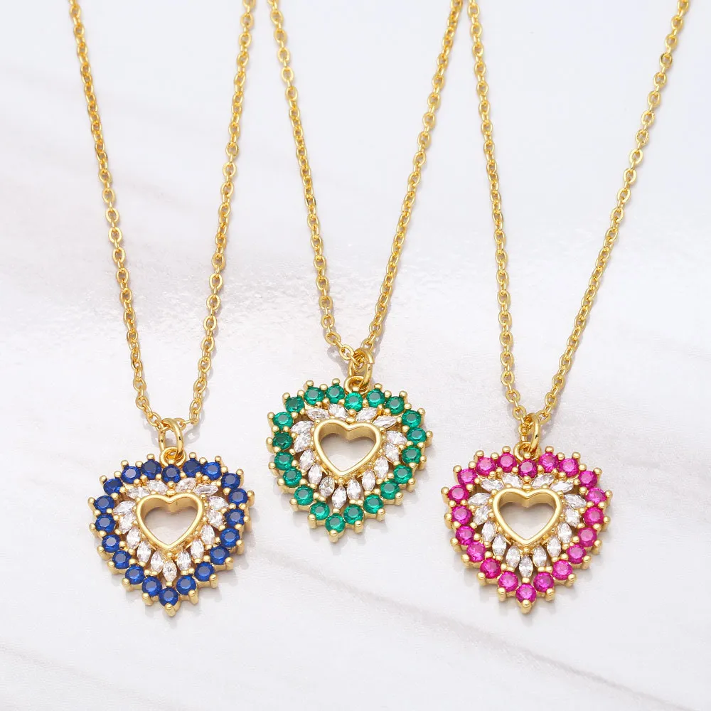 

Newest 18K Gold Plated Hollow Heart Necklace Colorful Zircon Love Heart Pendant Necklace, Picture shows