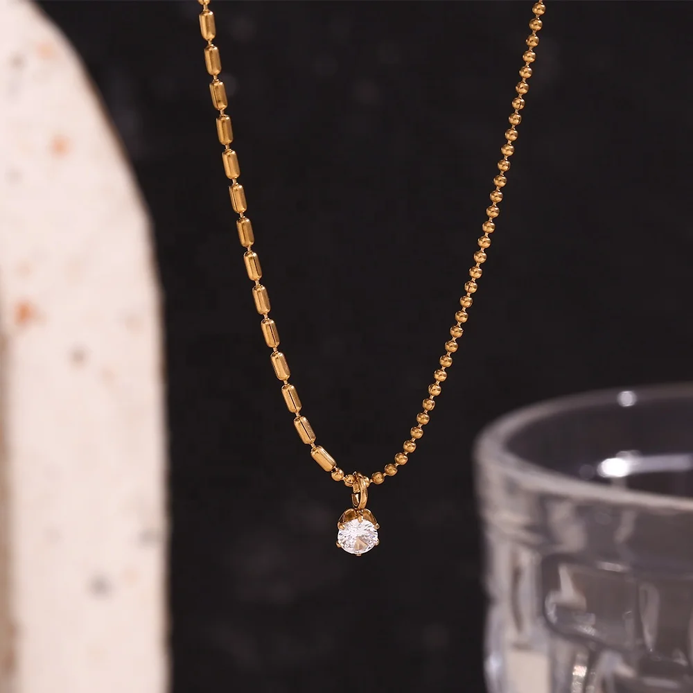 

Asymmetrical Shining Zircon Pendant Necklace Gold Plated Jewelry Stainless Steel Beaded Necklace