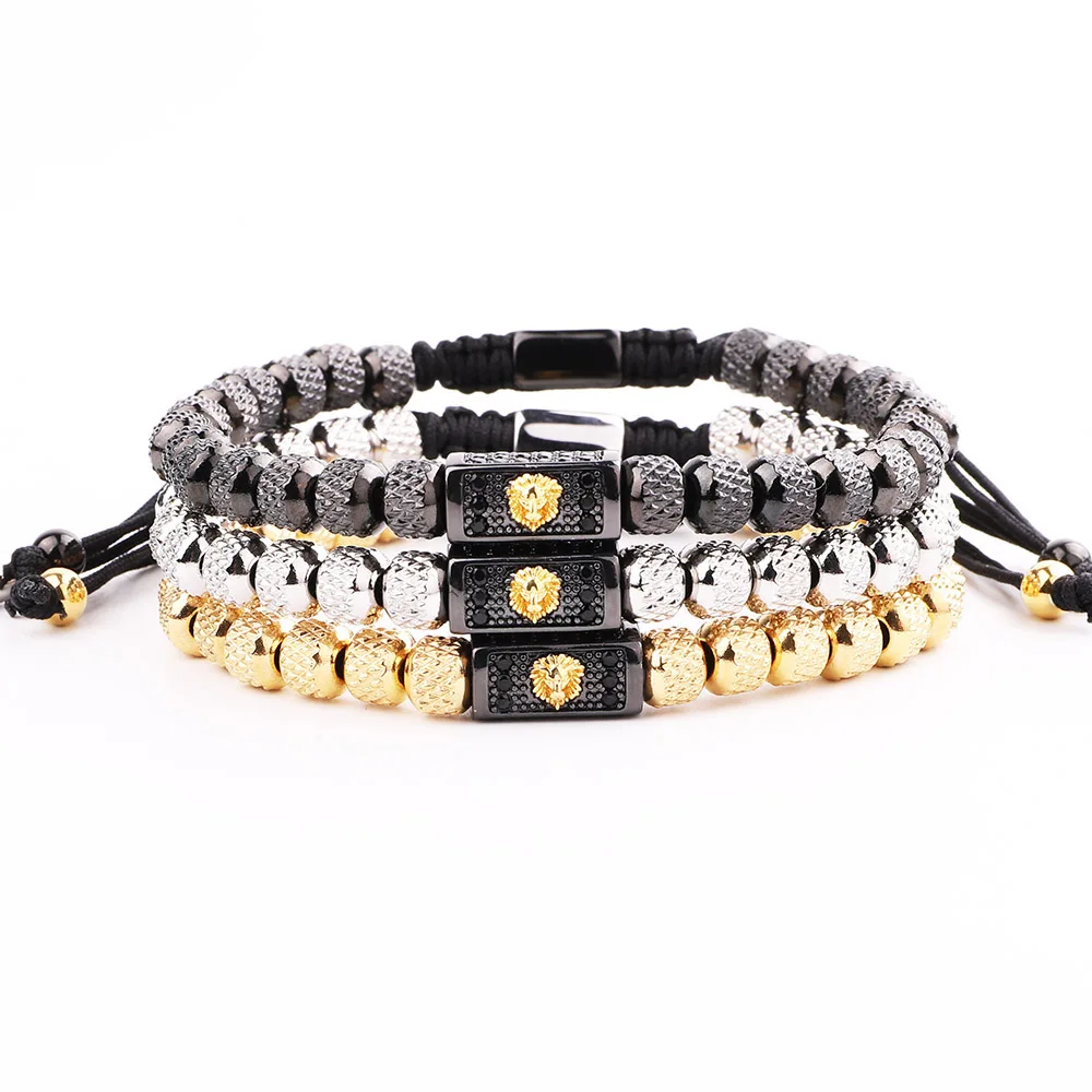 

High Quality New design Custom Logo Stainless Steel Beads Cubic Zirconia Lion Charm Macrame Bracelet Men
