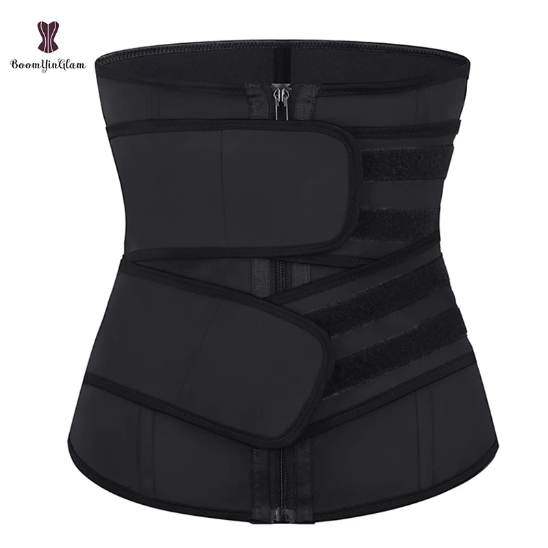 

New Arrival Zip Up Latex Double Belts Waist Trainer Trimmer Body Shaper Waist Cincher Shapers Tummy Control Slimming Girdles, Black