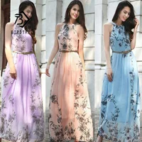 

New Women's Long Dresses Beach Floral Print Halter Bohemia Lady Maxi Dress With Gold Belt Women Sleeveless Clothing D90602B