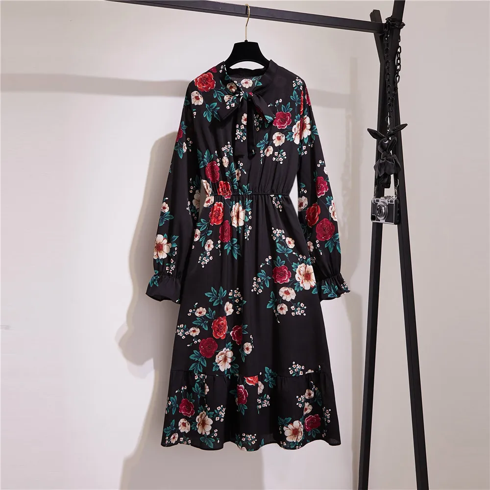 

Floral dress chiffon long sleeve bow pleated casual dress