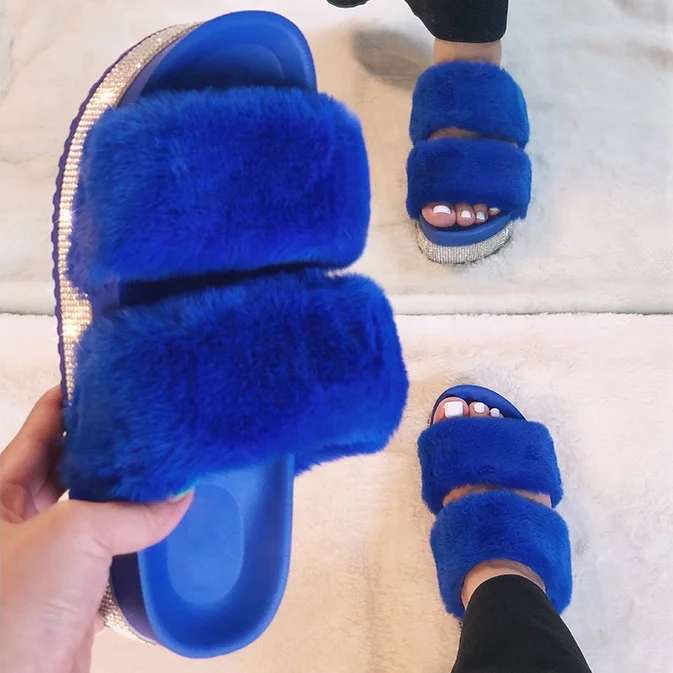 

High Platform Woman Flat Beach Slides Bling Diamonds Women Outdoor Fur Slippers, Black pink blue rosered
