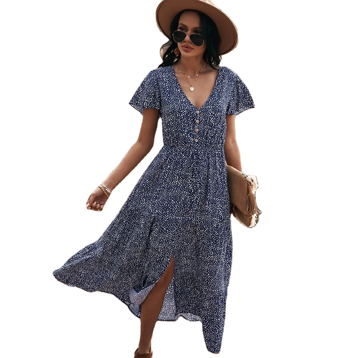 

2022 new style hot sale holiday leopard print lace-up long maxi bohemian elegant ladies summer dress women clothing, Picture color