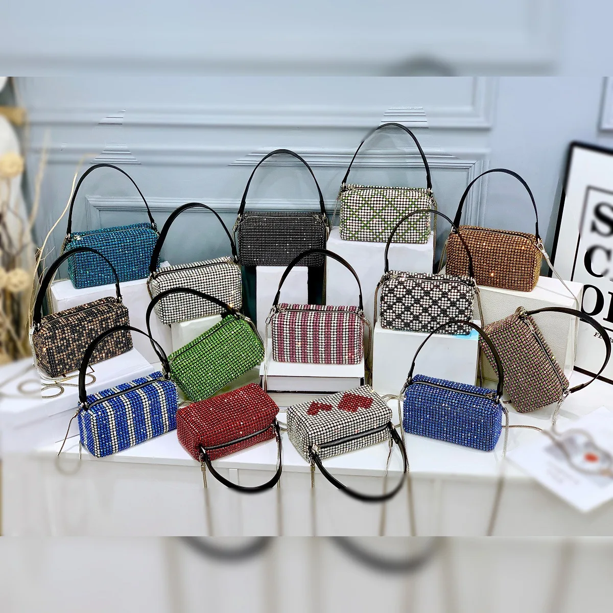 

Color diamond aw wang hand bag rhinestone underarm bag women's small square bag, 14 colors