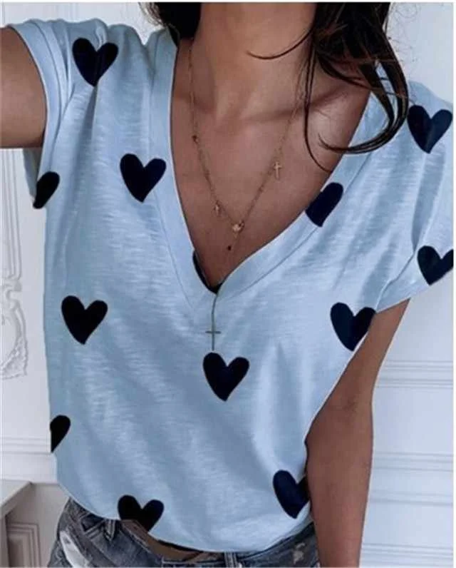 

New Simple Printed Peach Heart V-neck T-shirt Loose Top Bottoming Shirt Fashion lady In Summer, Picture showed