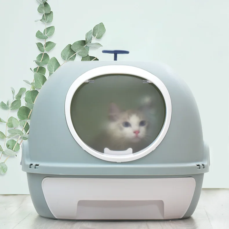 

Cat Litter Box Toilet Fully Enclosed Breathable Big Size Large Space Drawer Type Cat Litter Box, Blue pink