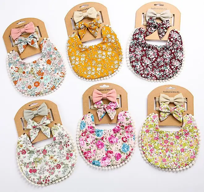 

Baby Saliva Towel Bandana Drool Bibs Floral Double Sided Bibs And Bow Headbands Baby Bibs Sets, As picture