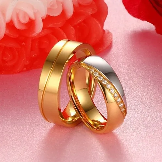 

6mm High Polished Stainless Steel Gold Plating Cubic Zirconia Couple Rings Band For Lover