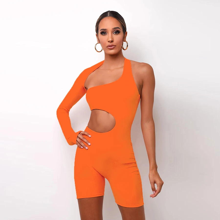 

2021 Women Skinny Fitness Bodysuits Asymmetrical Solid Elastic High Waist One Piece Jumpsuits And Rompers