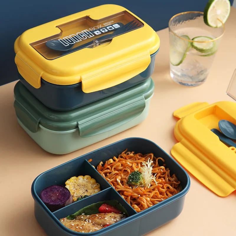 

Hot sale high quality portable bento box leakproof plastic 2 3 compartment lunch box with spoon and fork