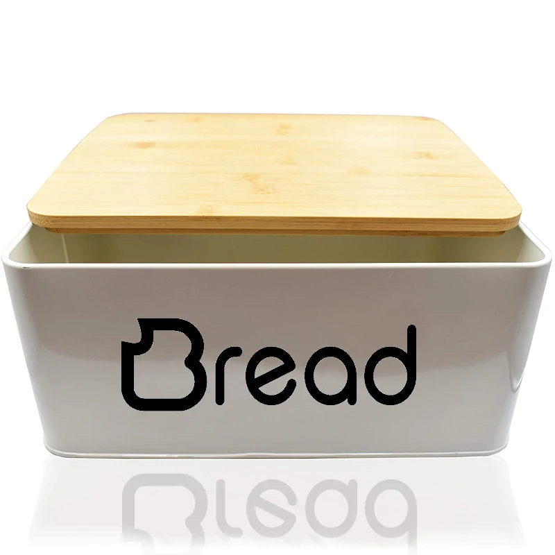 

White Powder Coated Bread Bin Storage Box with Bamboo Lid for Kitchen Vintage Retro Design Metal Bread Box