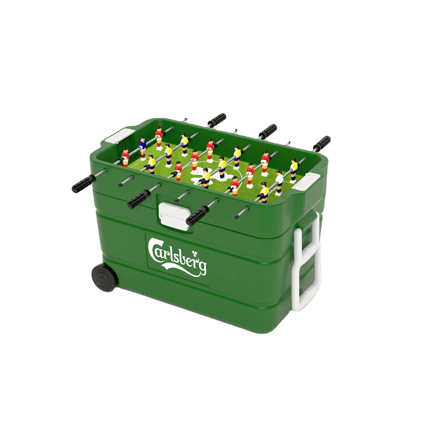 

100% Eco-friendly Wheeled cooler box with football table game ideal for camping trips, tailgating parties, and picnics, Black