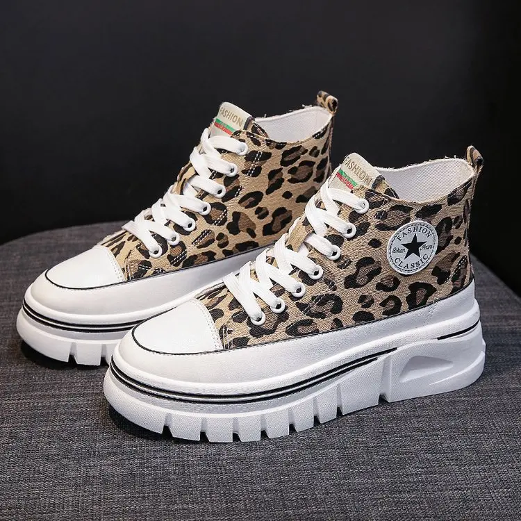 

2021Women Sports Casual Vulcanized Shoes Leopard Female Mesh Lace Up Ladies Platform Comfort Flats Sneaker Tennis Wedge Sneakers