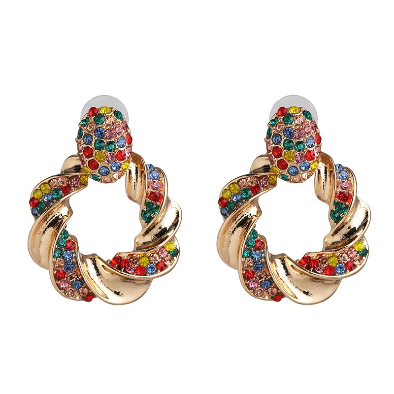 

New Cross Border Spiral Twisted Earrings Gold Plated Round Hollow Out Diamond Rhinestone Earrings For Women Jewelry, Golden