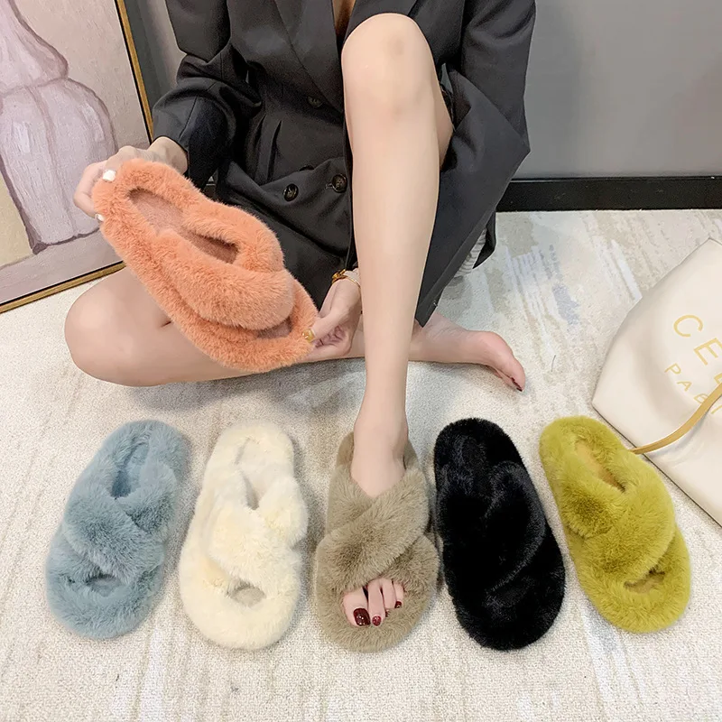 

Fashion Warm Faux Fur Pink Fluffy Slides Winter Plush Fuzzy Indoor Home Cross Vegan Furry Slippers For Women, 6 color