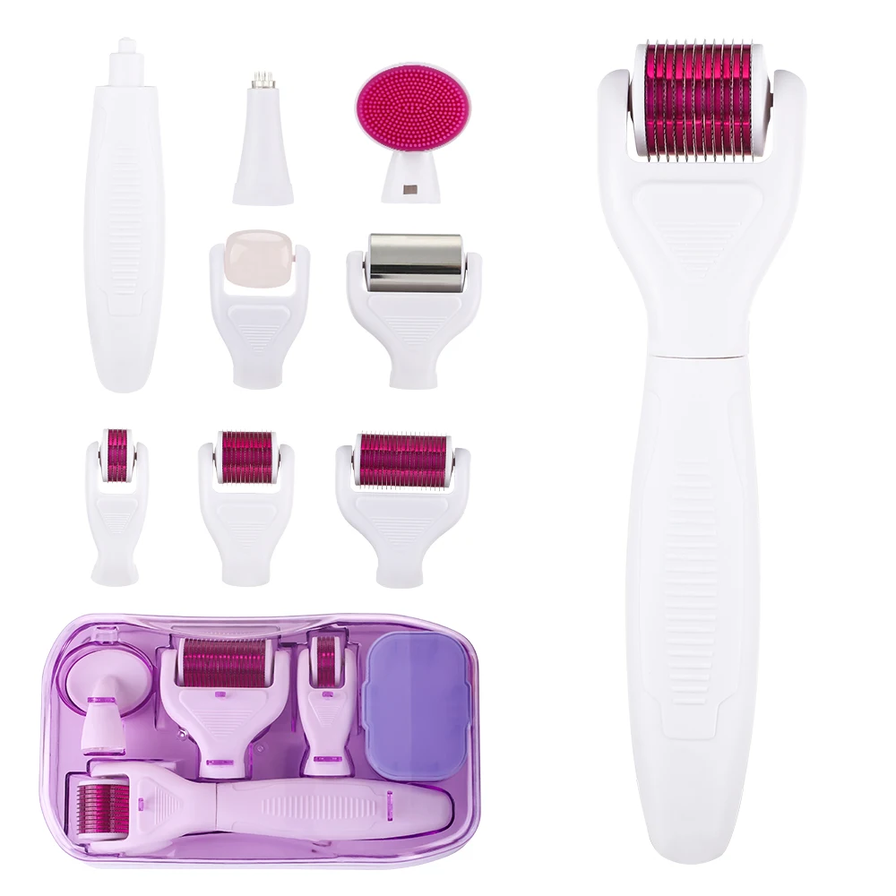 

Wholesale Price 8 In 1 Suit Detachable Body Massager Skin Rejuvenation Tool Microneedle Derma Roller For Face, Purple & white