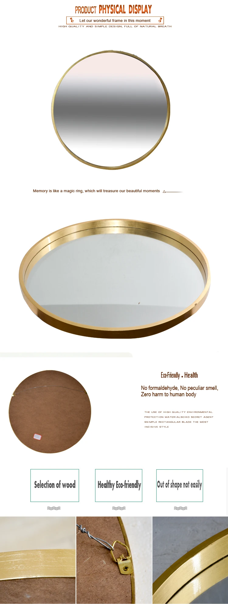 Luxury antique gold color framed design decorative wall ornate golden  large round mirror