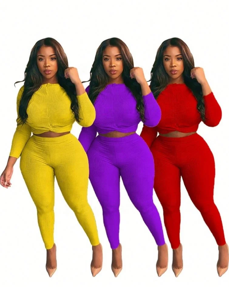 

2021 New Arrival Fall 2 Pcs Boutique Clothing Bodysuit Sets Fashion O-Neck Solid Plus Size Ladies Two Piece Set Outfit