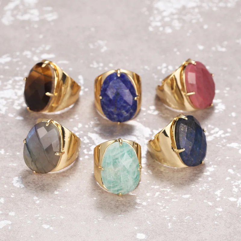 

European Luxury Colorful Oval Gemstone Rings Real Gold Plated Multi Color Claw Inlaid Natural Stone Opening Rings For Wedding