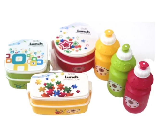 

Eco friendly wholesale cheap double layer kids plastic lunch box and water bottle set, Green,yellow,red