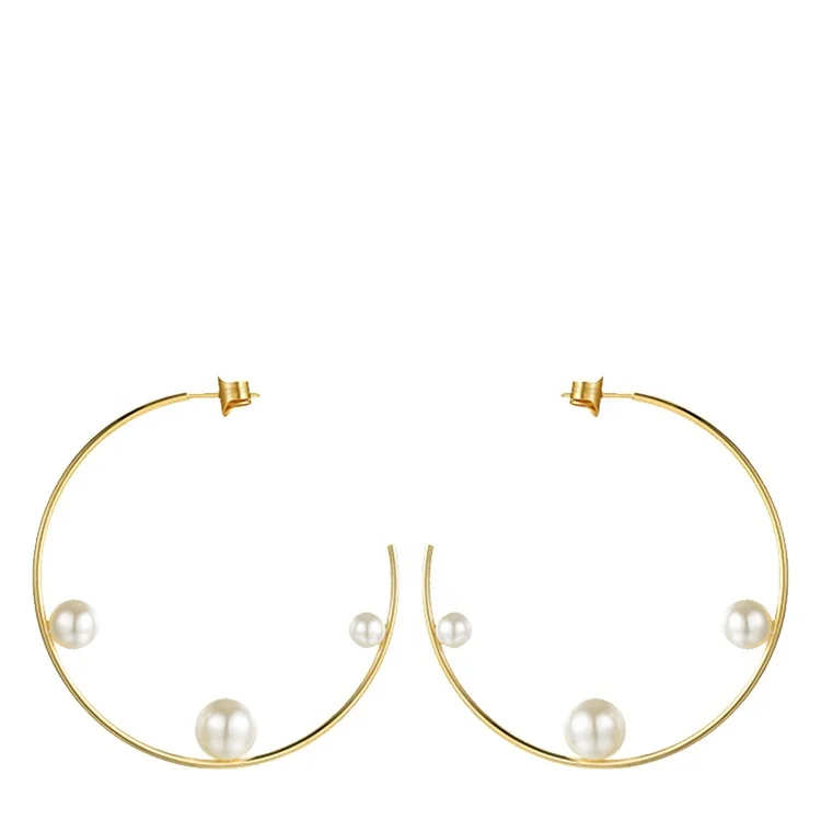 Geometric Pearl Line Hoop Earrings Gold Color Stainless Steel Circle Earrings For Women Earings Wholesale EEF1014