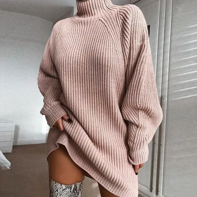 

coldker Autumn winter Sweater dress women Casual Mid-length raglan sleeves turtleneck Knit sweaters female pullovers, As show