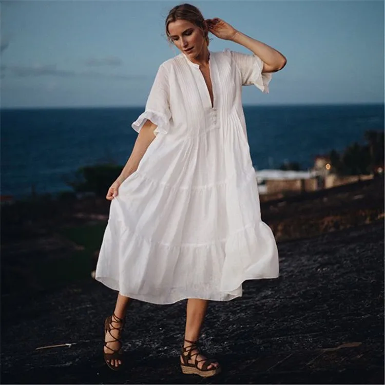 

Best Selling Ruffled Short Sleeve Swimsuit One Piece Wrap White Solid Beachwear Women Cotton Beach Cover Up